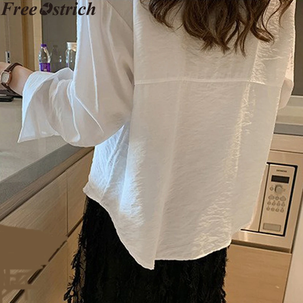 Женская офисная блузка с длинным рукавом однотонная свободная деловая белая