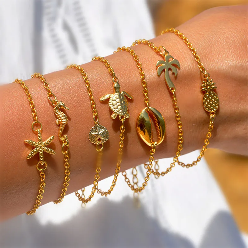 

100pcs/lot Beach Bracelets gold tone Starfish Seahorse Sand Dollar Turtle Cowrie Shell Palm Tree Summer Jewelry Gift Sea Life