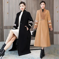 autumn and winter chinese style retro embroidered ladies wool tweed long coat slim v neck cashmere women clothes