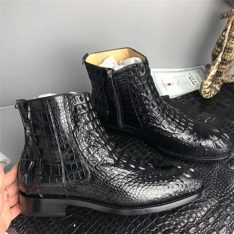 Мужские Черные ботильоны ручной работы из натуральной крокодиловой кожи; Goodyear; Мужская зимняя обувь на молнии из натуральной кожи аллигатора