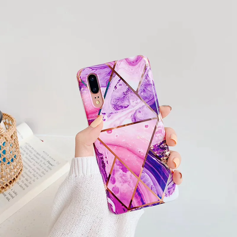 Plating Glossy Geometric Phone Case For Huawei P20 P30 Pro Lite Mate 20 Finger Stand Holder Soft IMD Back Cover | Мобильные телефоны