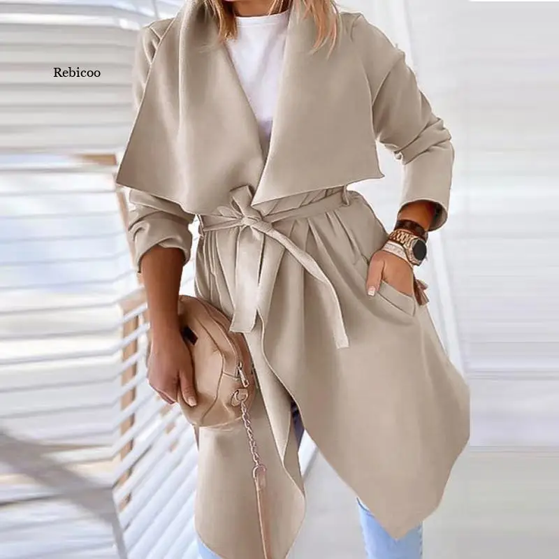 

Women Fashion Trench Coat Lace-Up Belt Clothes Autumn Casual Loose Solid Cardigan Elegant Turn Down Collar Long Sleeve Outerwear