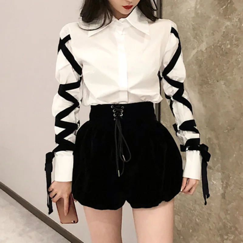 SHENGPALAE женская рубашка для офиса белая черная с длинным рукавом и отложным