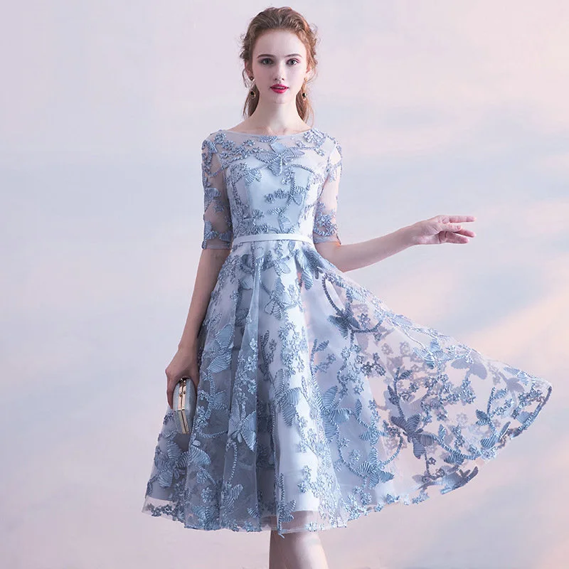 

Women's long forma prom evening dress Plus size lace embroidery O neck half sleeve grey wedding party dress