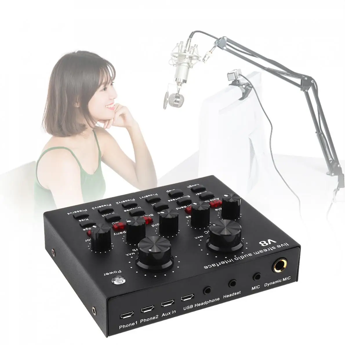 

V8 Bluetooth Audio External USB Headset Microphone Webcast Live Sound Card Clear Sound Quality of Electric Sound Live Broadcasts