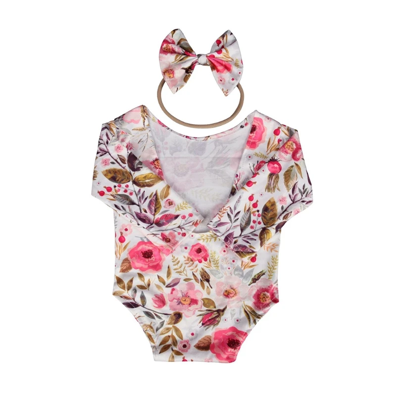 

R9UE Newborn Photography Props Baby Floral Hollow Open Back Romper Headband Set Infants Photo Shooting Outfits Clothes