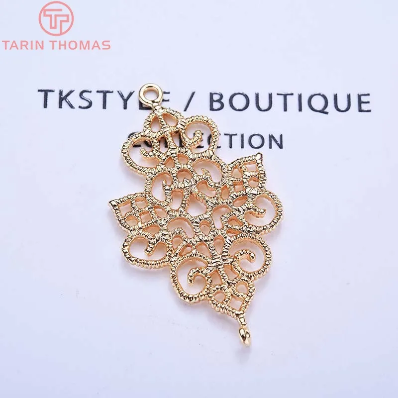 Латунные полые подвески с цветами покрытые 24-каратным золотом 6 шт. 20x33 мм