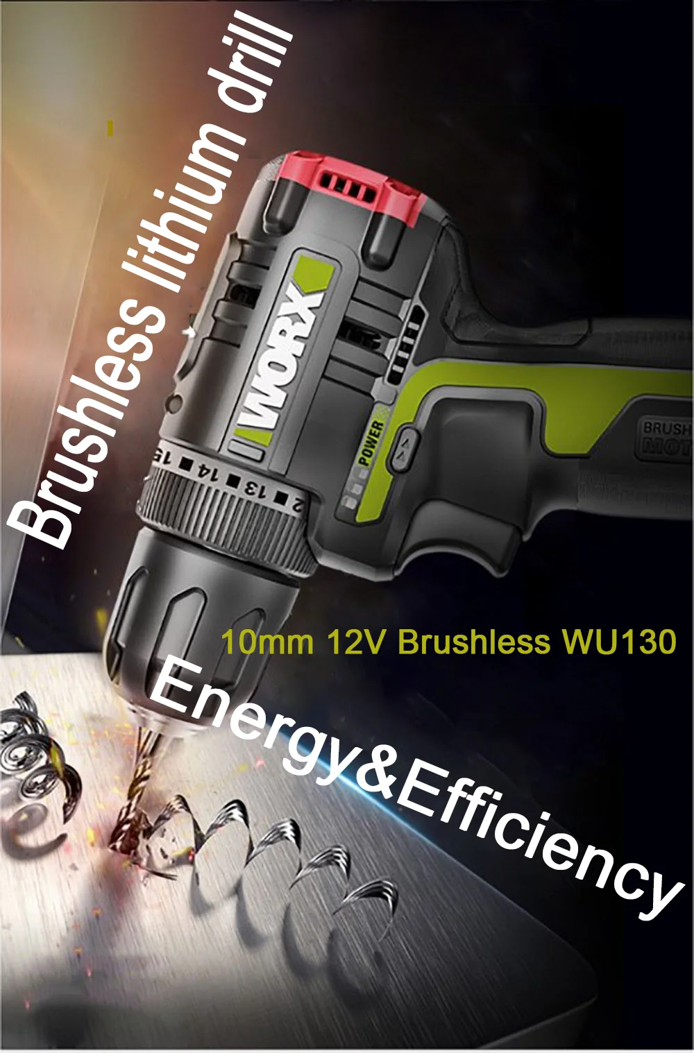 

WORX WU130 12V Brushless Motor Cordless Electric Drill Screwdriver 30N.m drill wood/steel/concrete/home improvement/installation