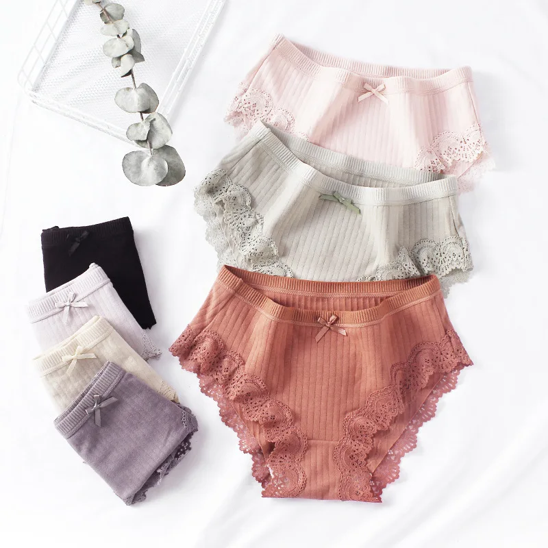 

10Pcs Women's underwear pure cotton threaded female panties breathable comfortable ladies lingerie middle waist bowknot briefs