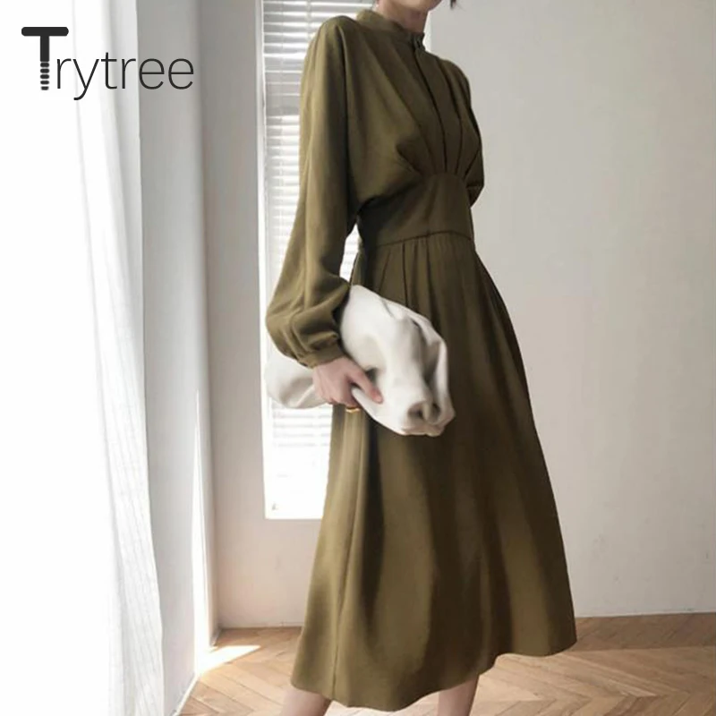 Женское повседневное платье с воротником-стойкой пуговицами и пышными рукавами |