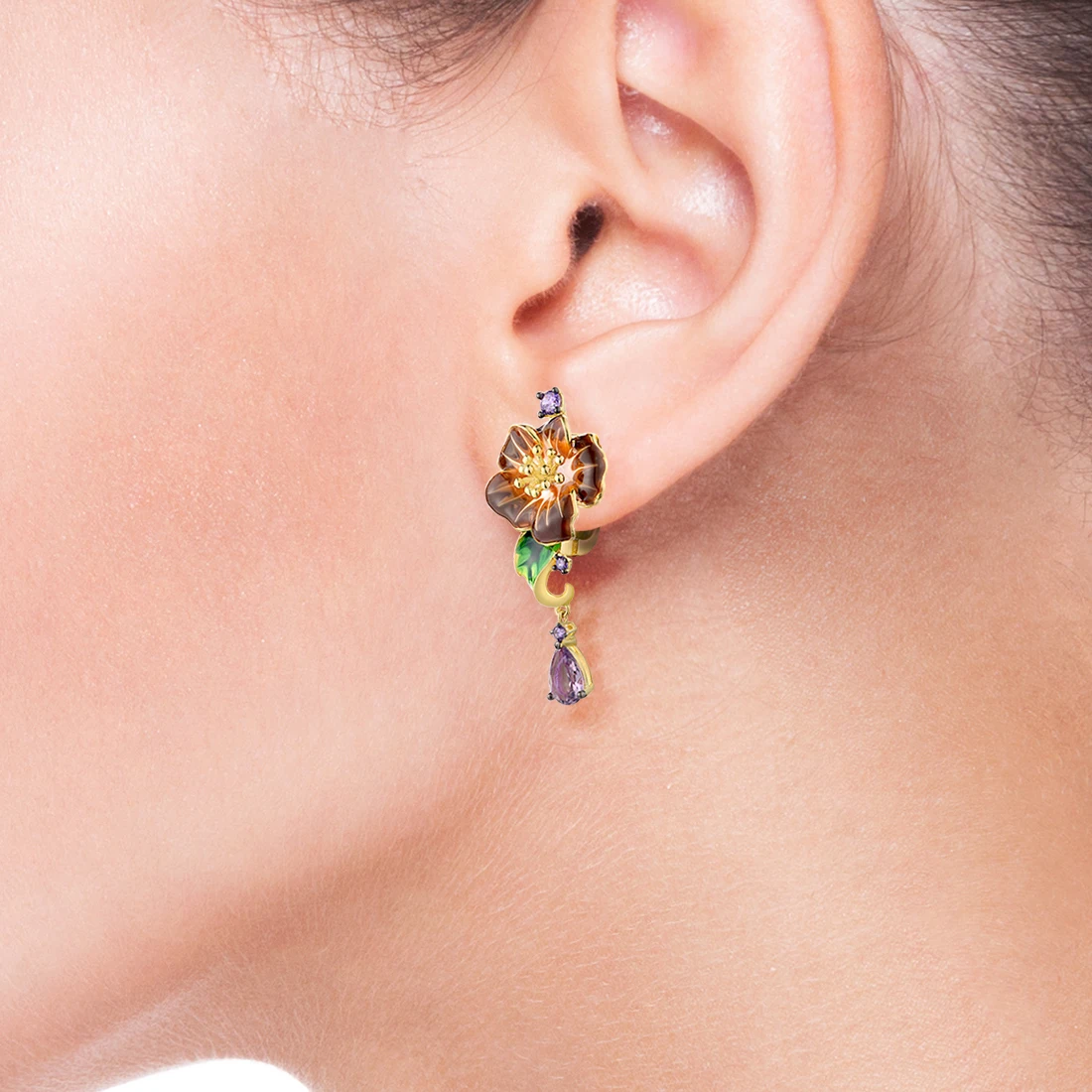 

SANTUZZA Genuine 925 Sterling Silver Drop Earrings For Women Sparkling Amethyst CZ Delicate Flower Enamel Party Fine Jewelry