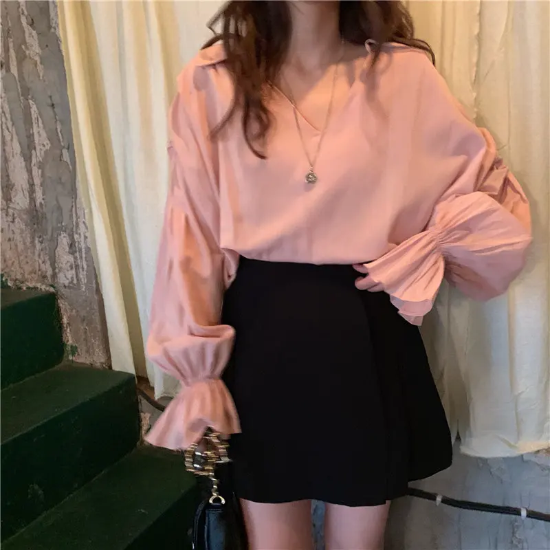 

HziriP Pink High Street Solid V-Neck Loose OL Casual 2021 All Match High Quality Leisure All Match Blouses Chic Sweet Shirts
