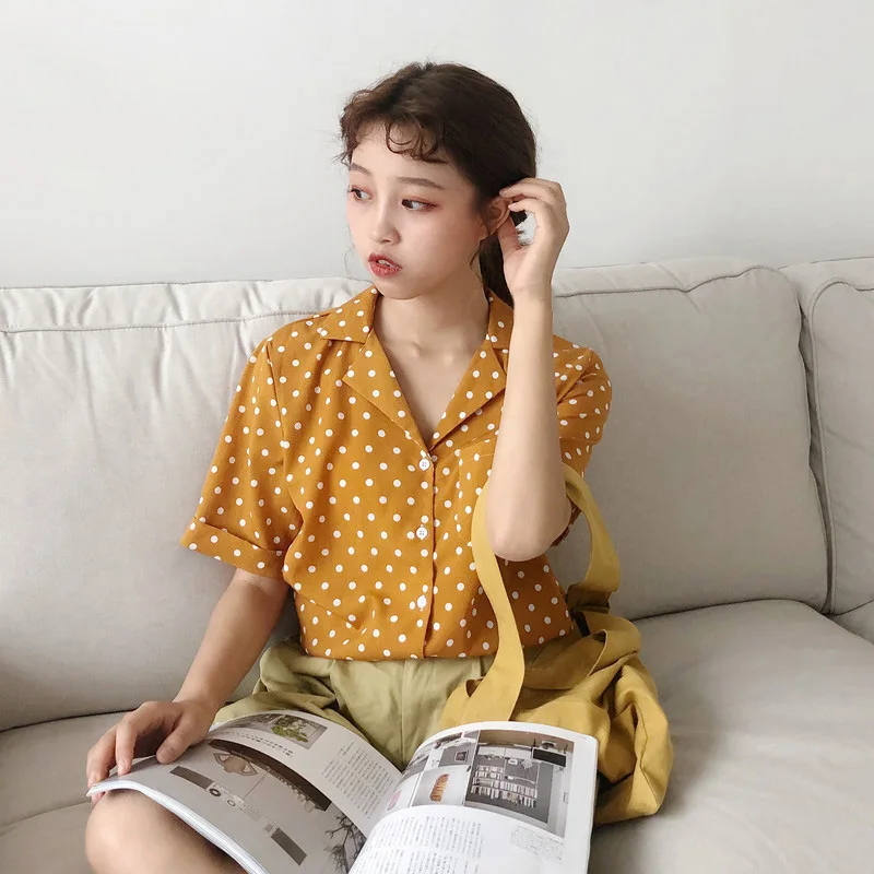 Женская блузка в горошек с коротким рукавом и отложным воротником|Блузки| |