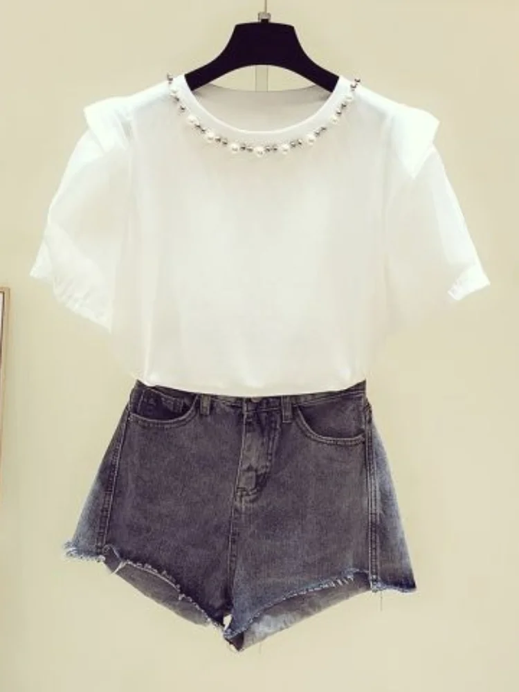 Женская футболка с буффами на рукавах однотонная элегантная офисная бусинами