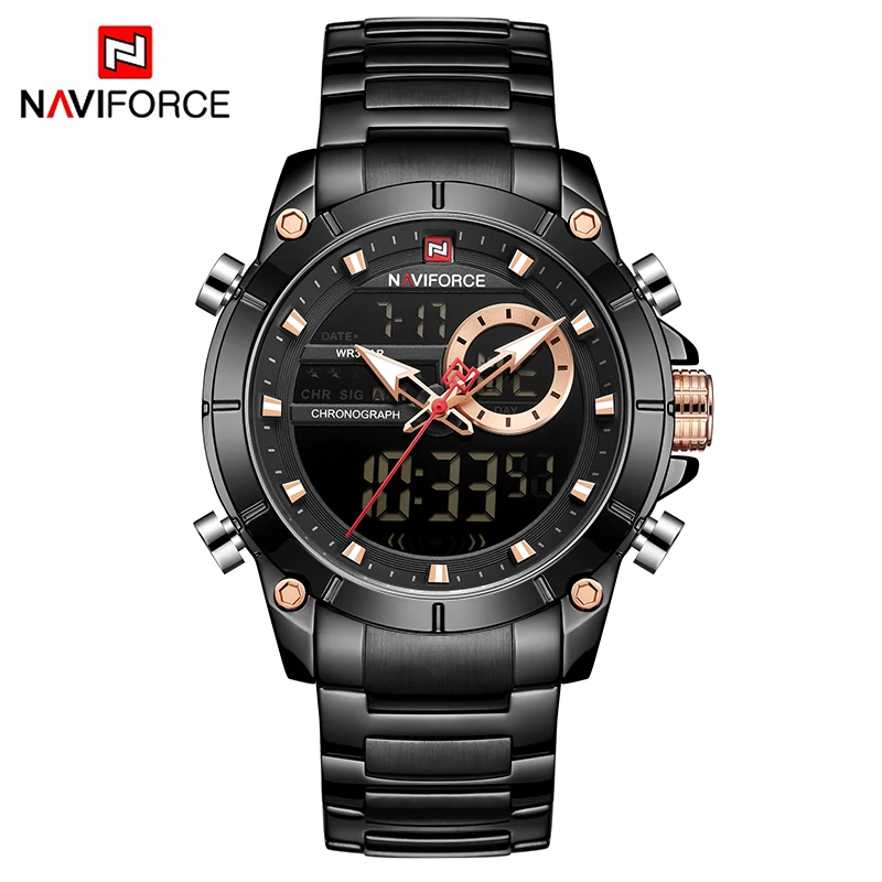 BB NAVIFORCE мужские военные спортивные наручные часы золотые кварцевые Стальные водонепроницаемые часы с двойным дисплеем мужские часы Relogio Masculino 9163 - Цвет: BB