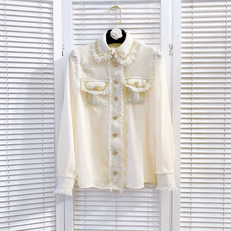 

Luxury Gold Patchwork Black White Design Sense Woolen Knitted Stitching Shirt Top Women 2021 Fall Winter Top Blouse Clothes