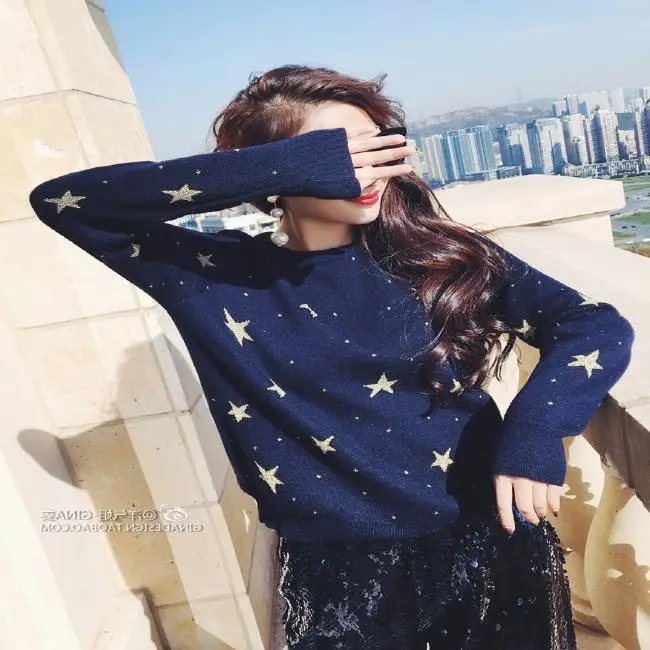 Autumn New Fashion Women Stars Emboridery Knitted Navy Sweater Wool-blends Knitwear All-match Round Neck Pullovers | Женская одежда