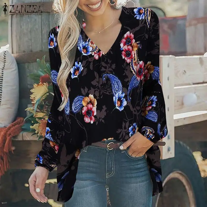 

ZANZEA Bohemian Floral Printed Blouse Women Long Puff Sleeve Shirt Spring Casual V Neck Hollow Out Blusas Tunic Tops Female