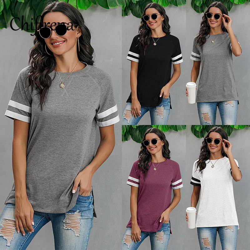 

Chifirena Summer Casual T Shirt Women Short-Sleeve Solid Top Loose Pullover Tee Black Gray Slit T-Shirts Femme Workout Tees