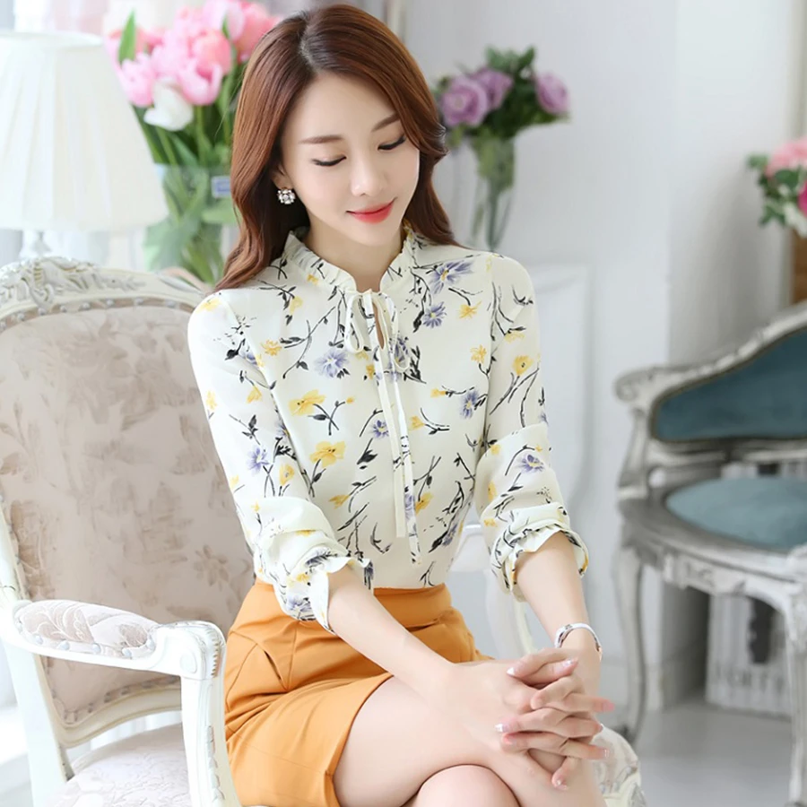 С длинными рукавами белая Элегантная блузка с отложным воротником Тонкий