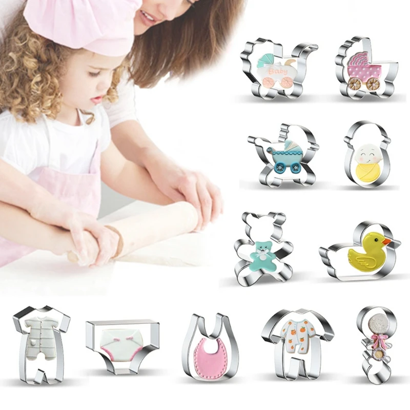 

808B 11pcs Baby Shower Cookie Cutter Stainless Steel Biscuit Molds for Making Onesie Bib Rattle Nipple Baby Carriage