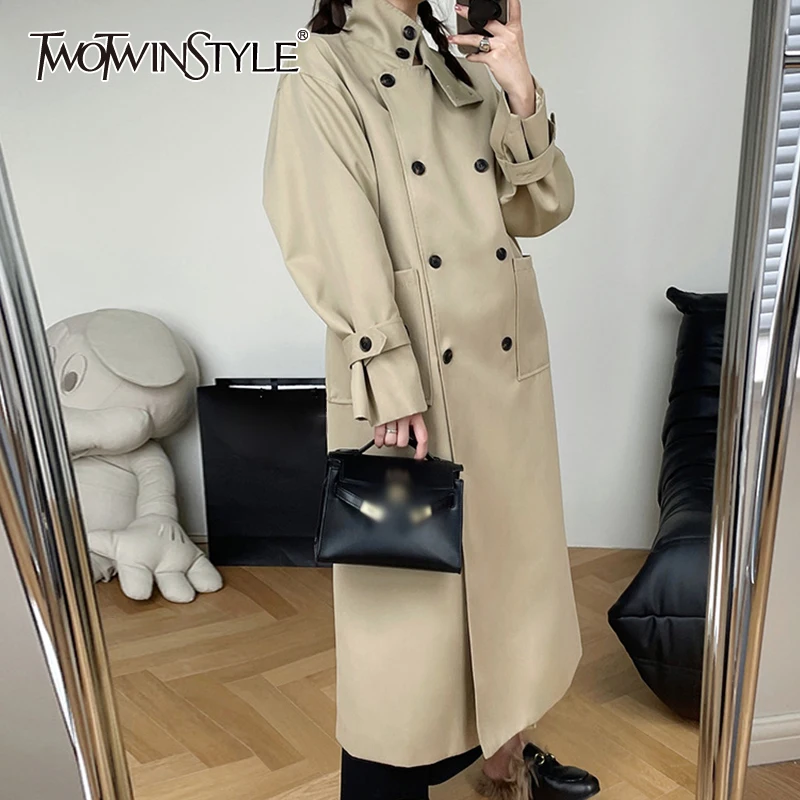 

TWOTWINSTYLE Solid Color Trench Coats For Female Stand Collar Long Sleeve High Waist Loose Women's Autumn Coat Fashion New 2021