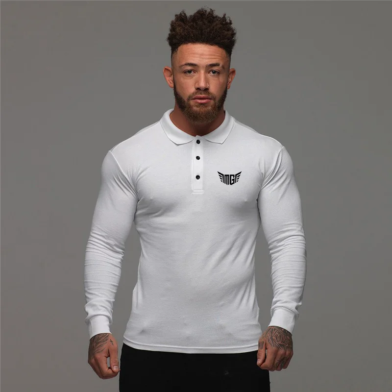Muscleguys Осенняя классическая мужская рубашка поло с длинным рукавом и отложным