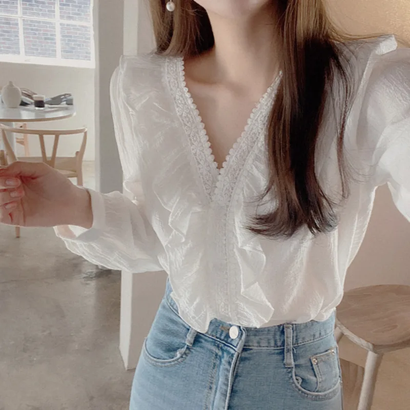 

Elegant Ruffles Womens Tops Blouses Sweet Autumn V-neck Cotton Long Sleeve Shirts For Women Elegant Vintage Lace White Blouse