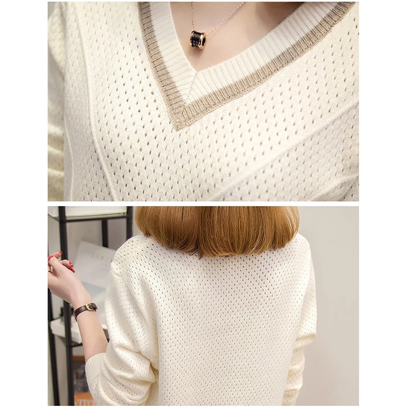 Пуловер женский вязаный с V-образным вырезом и длинными рукавами тонкий