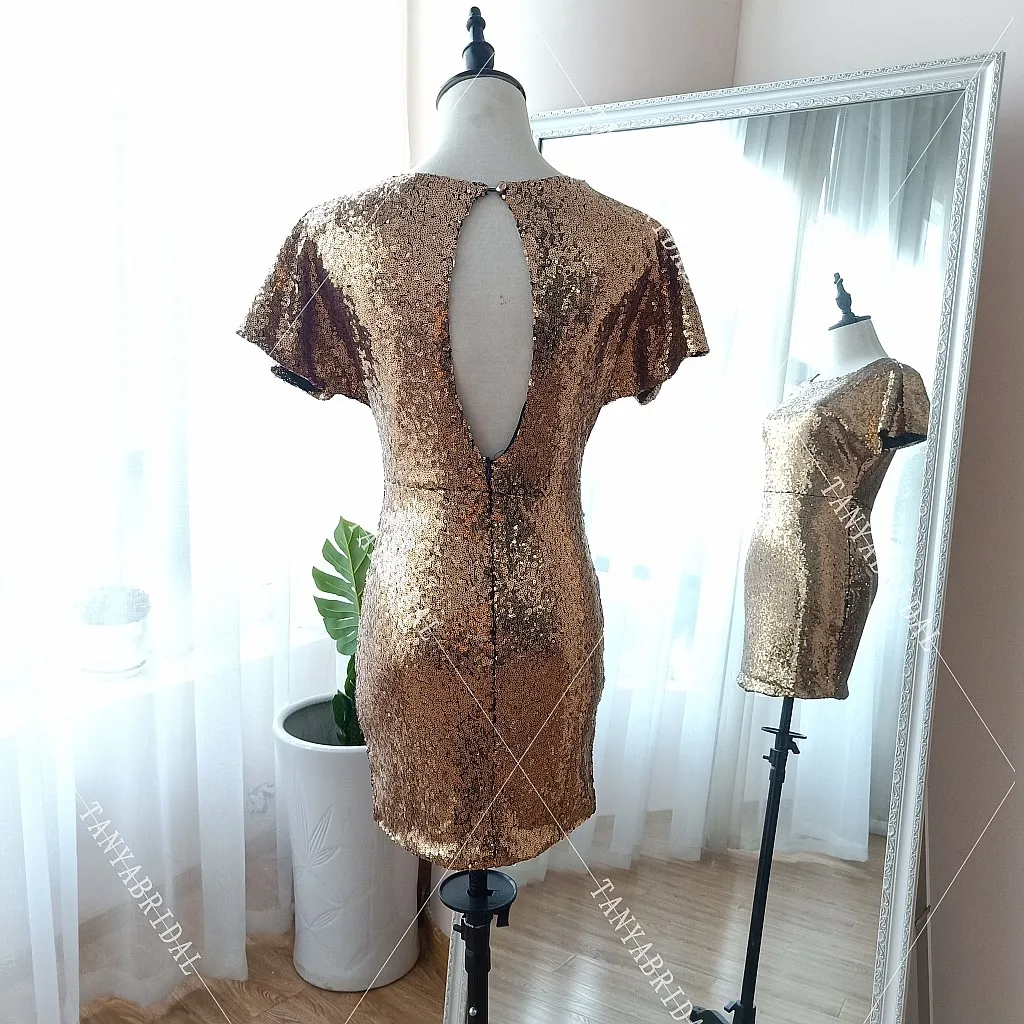 Коктейльные платья с золотыми блестками, короткие рукава, Мини модное женское платье для выпускного вечера, коктейльное платье
