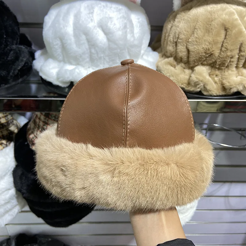 

Winter PU Plush Landlord Beanie Hat Mountaineering Hat Fashion Men's Warm Hat Street Trendy Hip Hop Melon Leather Hat