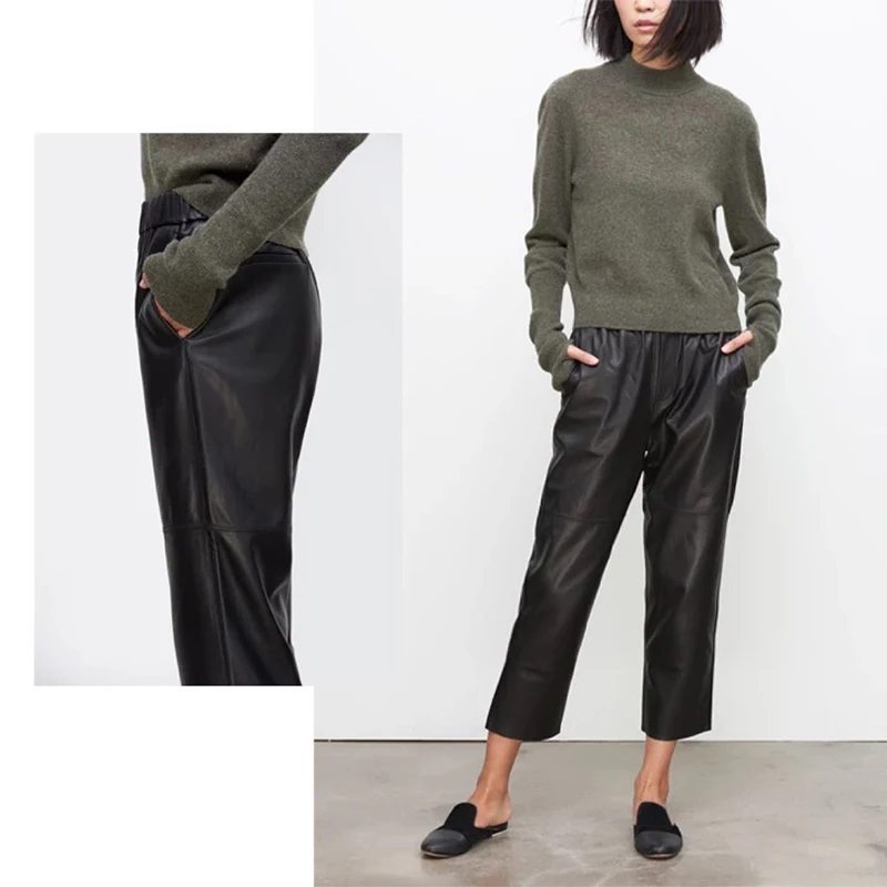 Leather Pants Ladies Spring And Autumn High Waist Sheepskin Pants Solid Color Casual Ankle Length Genuine Leather Harem Pant images - 6