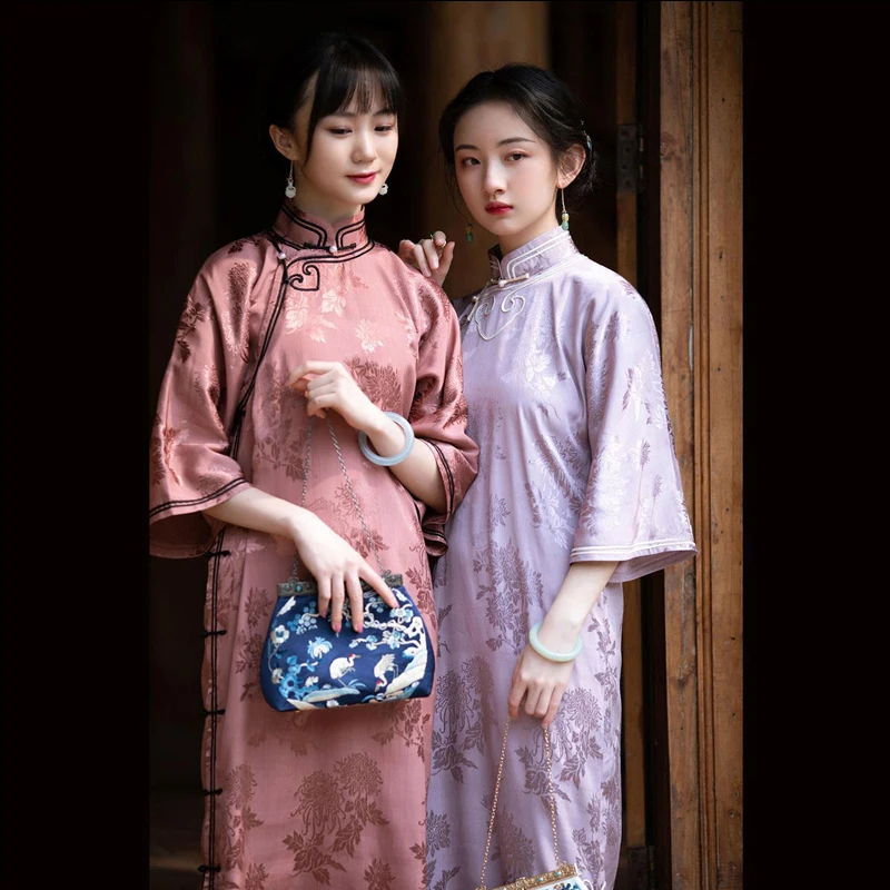 

Traditional Chinese Style Qipao Cheongsam Dress Women Print Purple Red Vintage Vestido Dresses Ladies Elegant Oriental Clothing