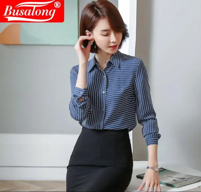 

2020 new Spring Long sleeve women shirt Striped Fashion Notched neck Formal Office ladies Female Blouse Plus size Woman clothing