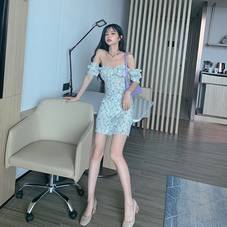 

Spring and Summer 2021 New Elegant Boat-Neck Short-Sleeved Dress for Women Vintage Floral Pleated Slim-Fit a-Line Short Skirt