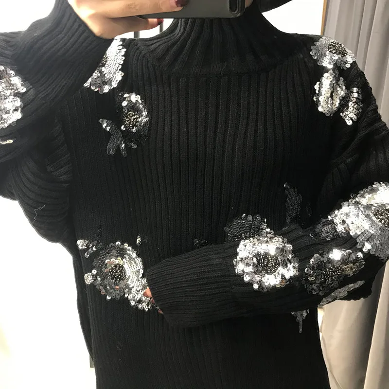 Черный свитер женский 2019 осень и зима бисер цветок украшение расшитые блестками