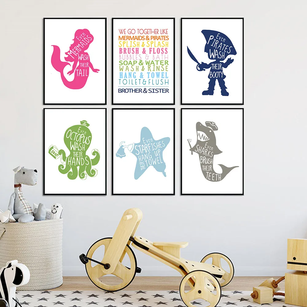 Русалка осьминог унитаз холст картина для детской стены художественные цитаты