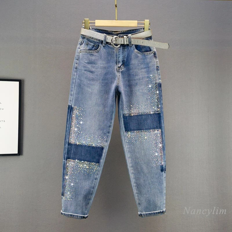 

Heavy Embroidery Hot Drilling Harem Jeans Women's Clothing 2021 Spring and Summer New High Waist Wide Loose Denim Pants Blue