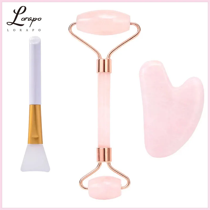

Rose Quartz Roller Facial Massager Powder Crystal Wheel Jade Roller Scraper Mask Brush Three-piece Skin Care Custom Wholesale