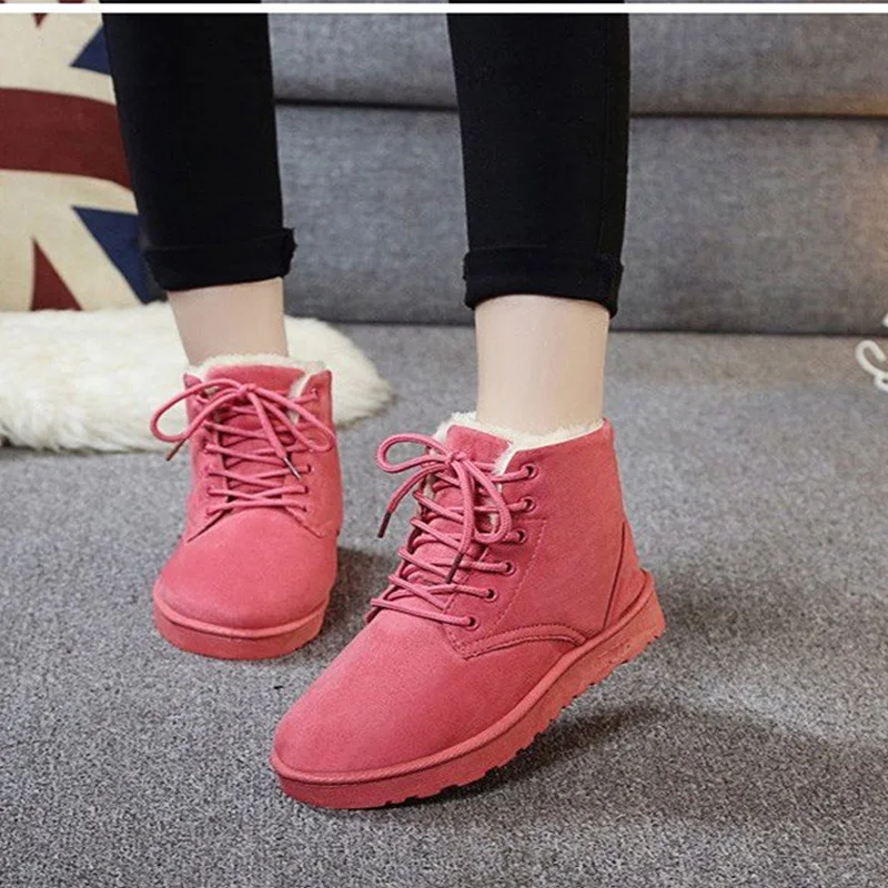 Зимние ботинки на плоской подошве женские из флока теплые меховые плюшевые