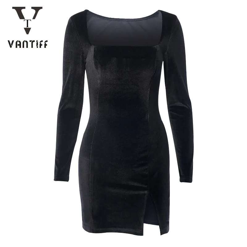 

Palace Retro Bodycon Mini Dress Women Gothic Streetwear Print Autumn Solid Korean Velvet Dress Sexy Round Collared Fork Skirt