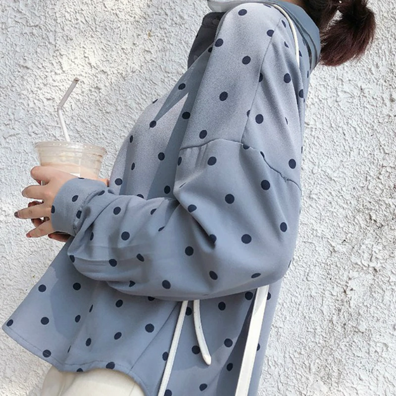 

Women Blouses Long Sleeve Polka Dot Printed Organza Turn-down Collar Loose Thin Single Button Chiffon Female Tops Trendy Casual