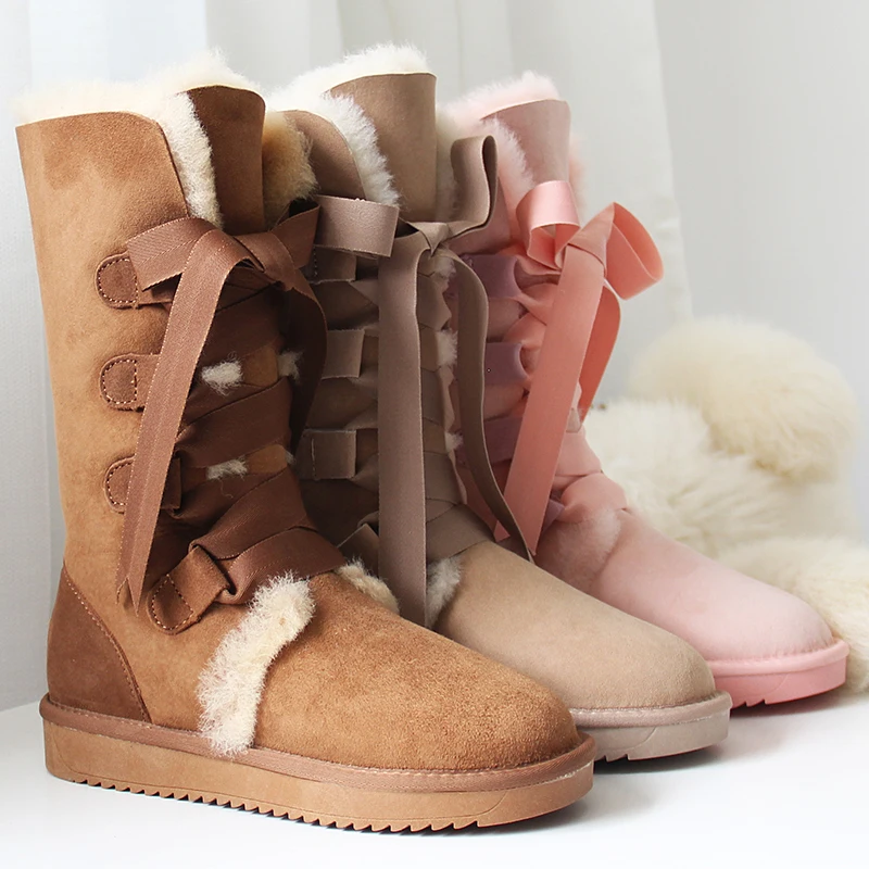Online Baru Kulit Domba Sepatu Bot Salju Australia Lutut Tinggi Musim Dingin Wol Alami Boots Domba Sepatu Bulu Lutut Busur Flat Wanita Sepatu Bot Panjang