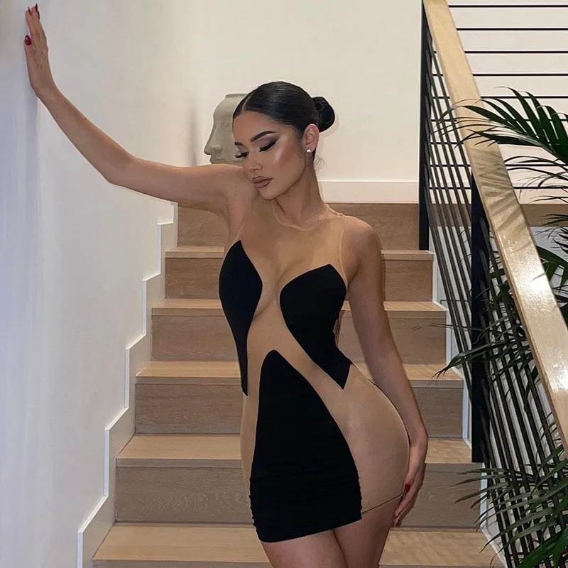 

Spring Sexy Mesh Sheer Mini Dress Women O-Neck Sleeveless Patchwork Dresses Female Elegant Office Lady Dress Vestidos Robes 2022
