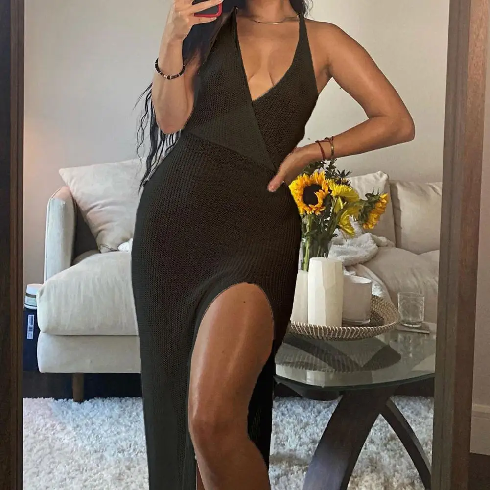 Женское вязаное пляжное платье макси белое черное прозрачное с открытой спиной