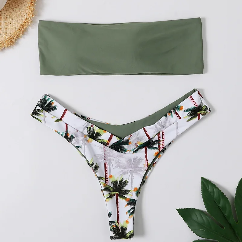 

ZMTREE Bandeau Swimwear Girls Chic Bikini Sets Sexy High Leg Thong Biquini 2020 Cactus Print Women Swimsuits Plam Tree Beachwear