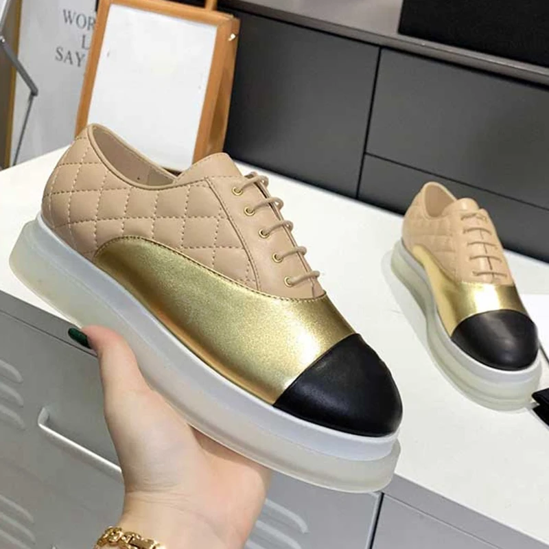 

Women's Shoe Luxury Brand Designer Flat Platform Shoes Real Leather Chunky Mix Color Lace Up Round Toe Casual Shoes Lady Loafers