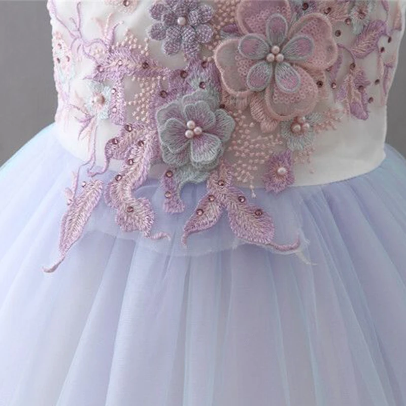 

Flower Girls Dresses Illusion O-Neck Sleeveless Tulle Crystal Sequined Pearls Appliques Embroidery Kids Party Princess Gown F389