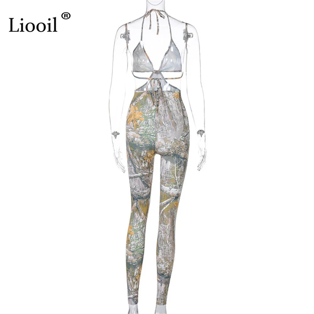 

Liooil Sexy Cut Out Print Halter Jumpsuits For Women 2021 Sleeveless V Neck Backless Drawstring Bodycon Rompers Womens Jumpsuit