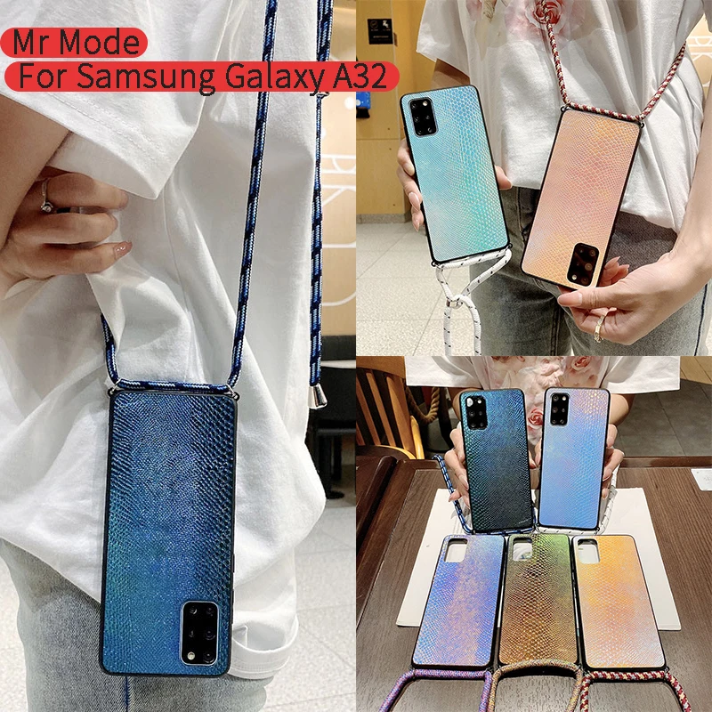 

Fashion Lanyard Protective Cover Snake Leather Hard Shell Phone Case For Samsung Galaxy A72 A52 A32 4G A12 5G S30 S20 Plus Ultra
